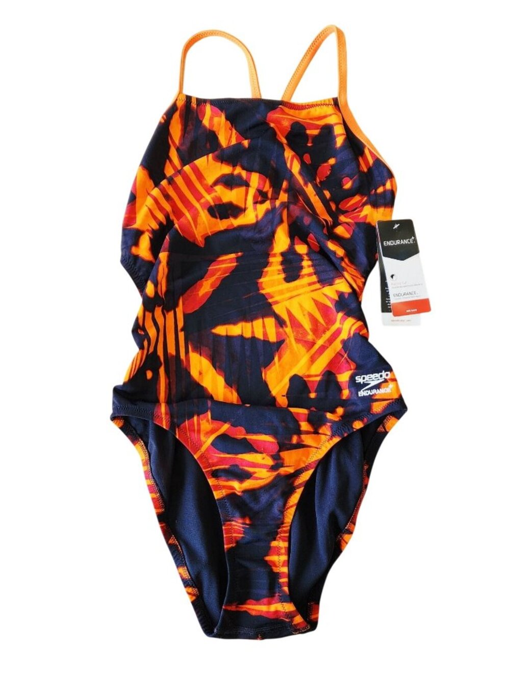 Speedo Endurance+ Womens Racing Swimsuit Orange Print Chlorine Resistant SZ 8/34